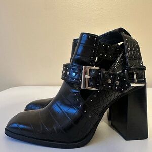 Zara Black Leather Studded Croc Buckle Square Toe High Heel Booties 7.8